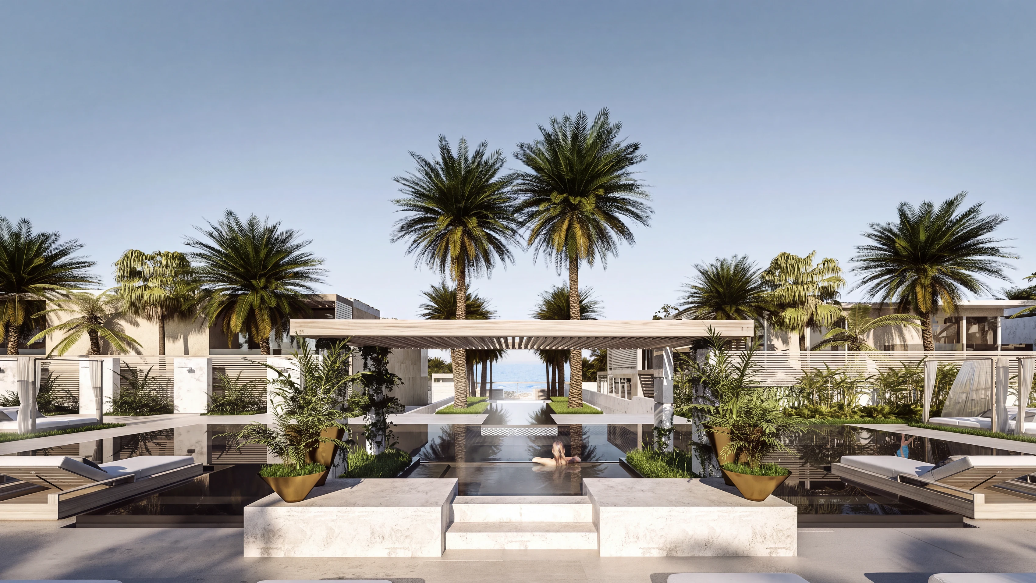 The family pool early, from the pergola
