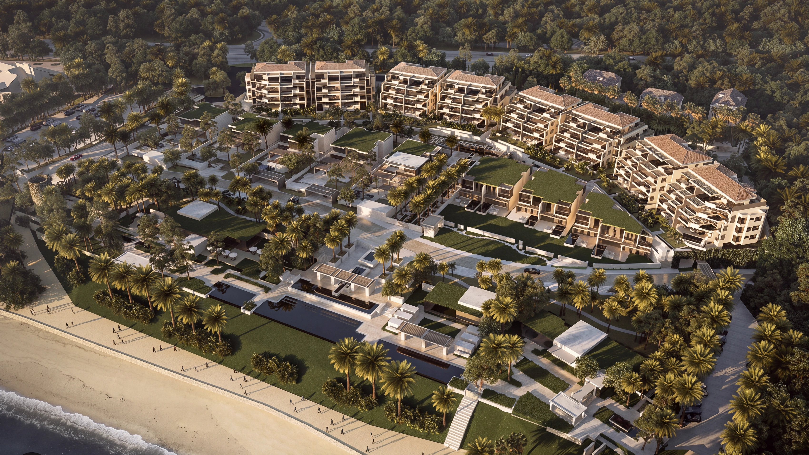 The UNO masterplan seen from above, with the shoreline and the beach club